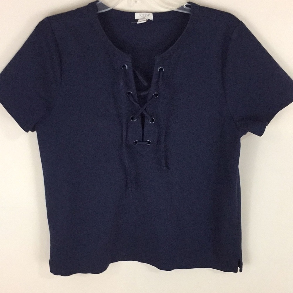 J Crew Factory Navy Lace up Short Sleeve Top Size Medium